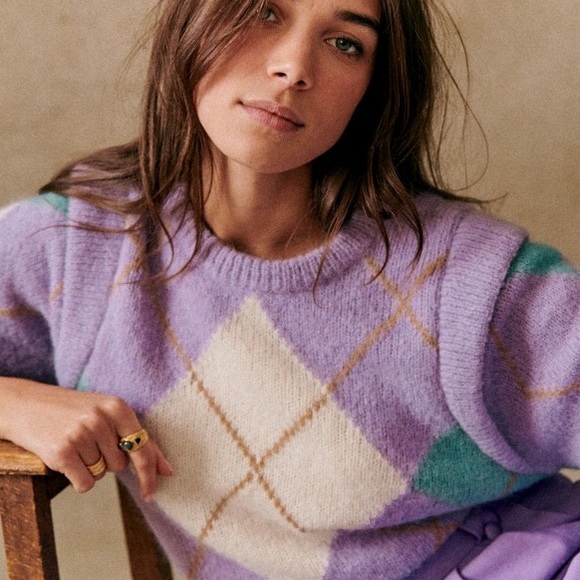 SEZANE Women’s XXS Edward Jumper Alpaca Blend Sweater Argyle Harlequin Pastel - Picture 3 of 7